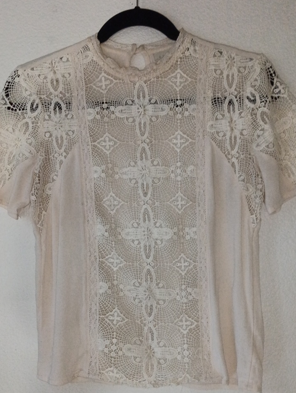 hinge Cream Lace Yoke Short Sleeve Blouse